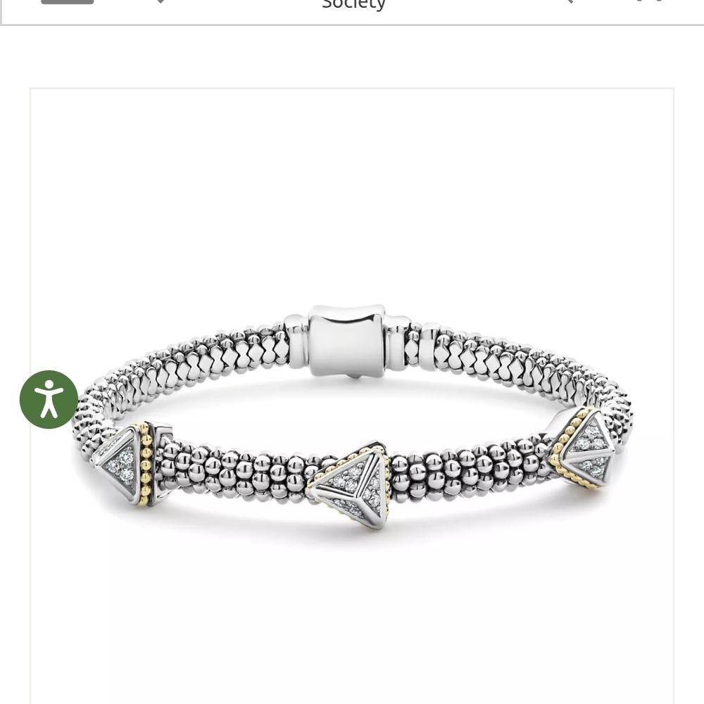 LAGOS Ksl Collection Pyramid Diamond 3 Station Silver & 18k Gold Bracelet .37 ct